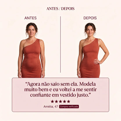 Antes e depois por baixo de um vestido justo, com depoimento de cliente