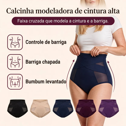 Calcinha modeladora de cintura alta com faixa cruzada, nas sete cores