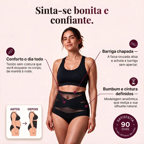 Mulher vestindo a calcinha modeladora CrossHold preta, com os benefícios: conforto o dia todo, barriga chapada, bumbum e cintura definidos