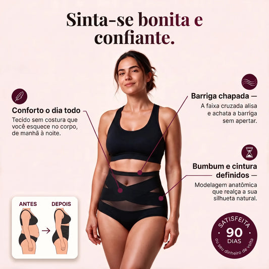 Mulher vestindo a calcinha modeladora CrossHold preta, com os benefícios: conforto o dia todo, barriga chapada, bumbum e cintura definidos
