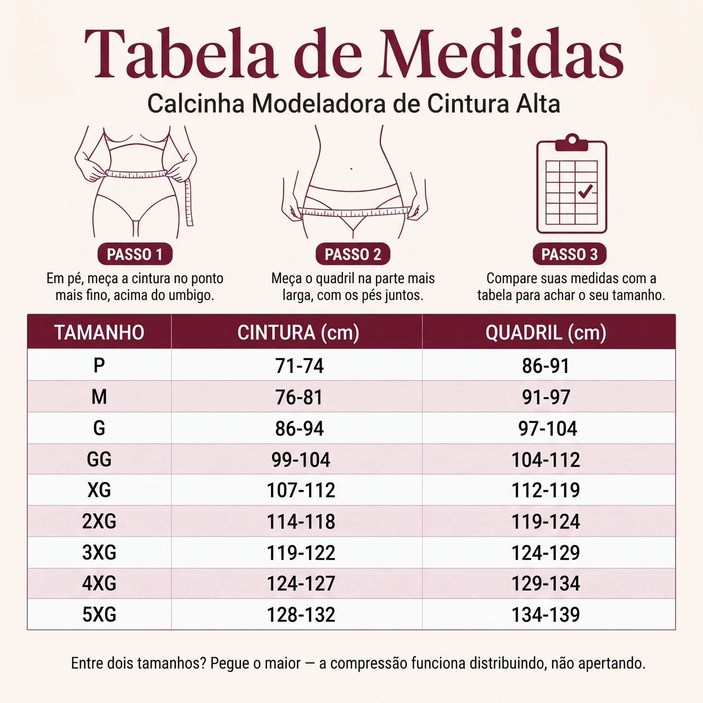 Tabela de medidas da calcinha modeladora de cintura alta, do P ao 5XG, com cintura e quadril em centímetros