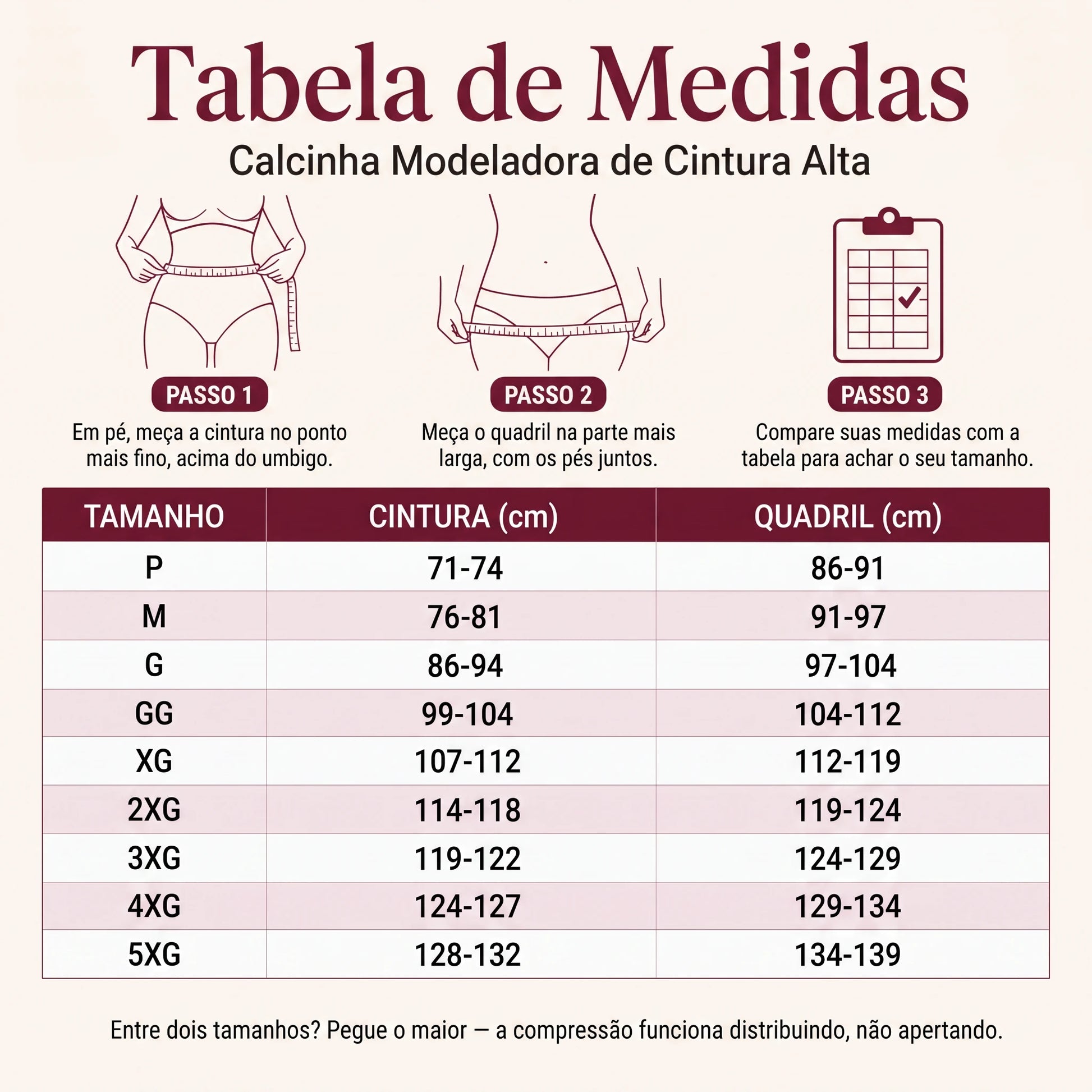Tabela de medidas da calcinha modeladora de cintura alta, do P ao 5XG, com cintura e quadril em centímetros