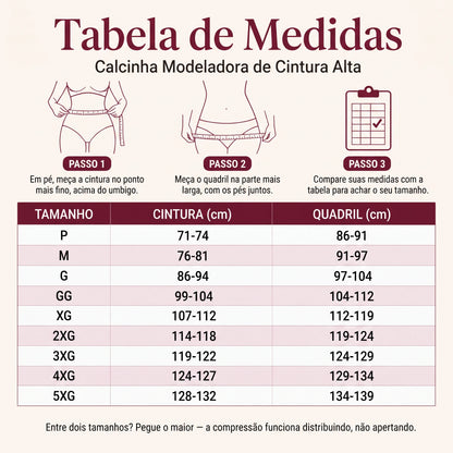 Tabela de medidas da calcinha modeladora de cintura alta, do P ao 5XG, com cintura e quadril em centímetros