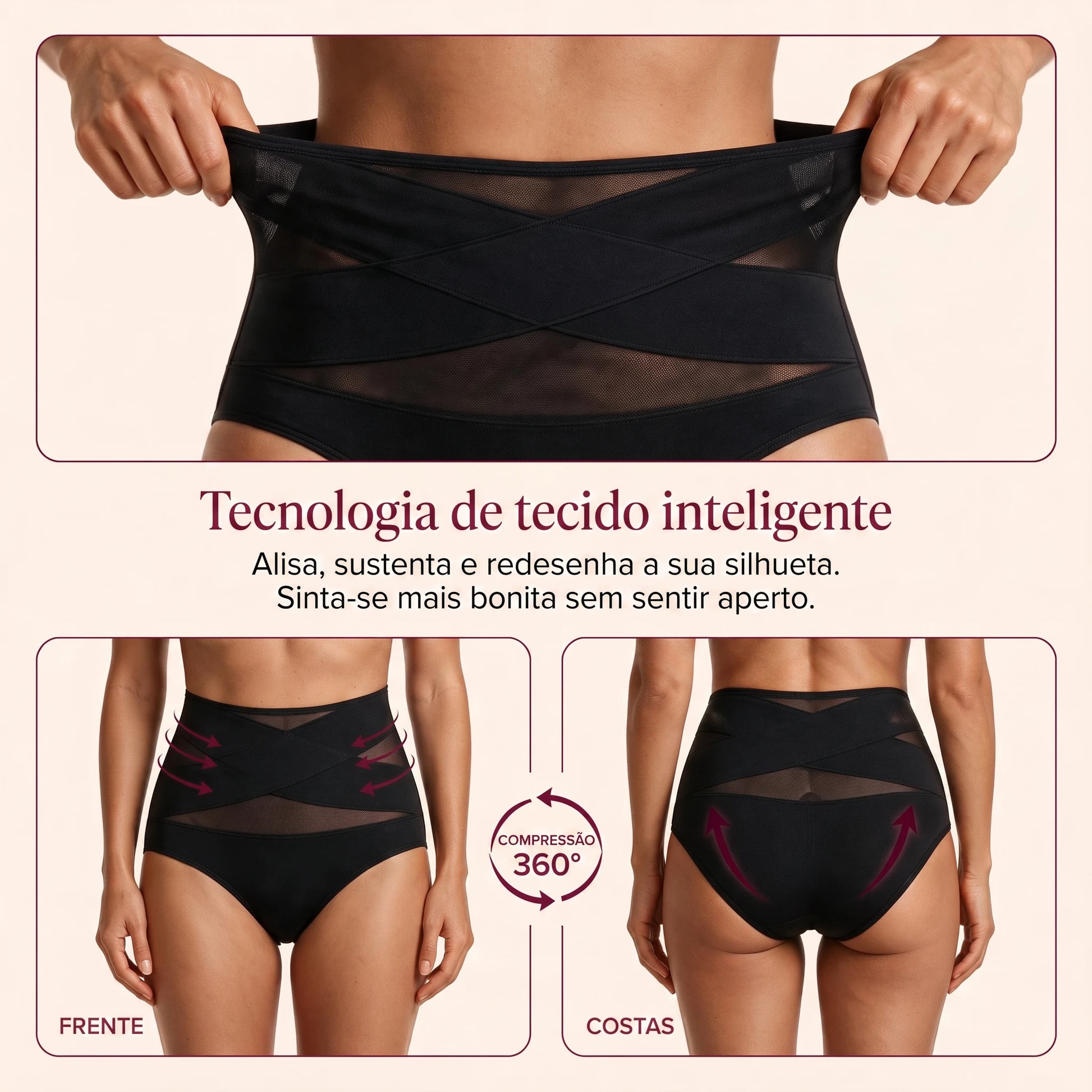 Tecnologia de tecido inteligente da calcinha modeladora CrossHold, vista de frente e de costas, com compressão 360 graus