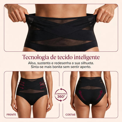 Tecnologia de tecido inteligente da calcinha modeladora CrossHold, vista de frente e de costas, com compressão 360 graus